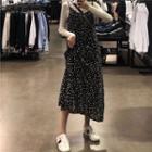 Long-sleeve Mock Neck T-shirt / Spaghetti Strap Patterned Midi Dress