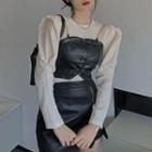 Long-sleeve Top / Faux Leather Camisole Top / Mini Pencil Skirt / Set