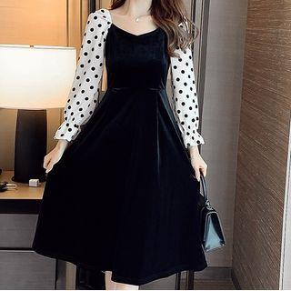 Long-sleeve Dotted Panel Velvet Midi A-line Dress