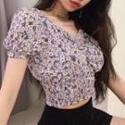 Floral Print Ruched Puff-sleeve Cropped Blouse