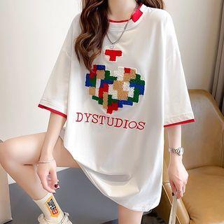 Elbow-sleeve Mock Two-piece Heart Embroidered T-shirt