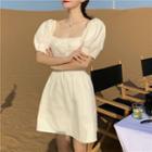V-neck Slim-fit Puff-sleeve A-line Mini Dress White - One Size