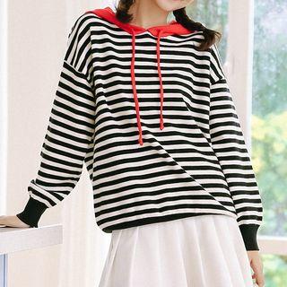 Striped Knit Hoodie Black - One Size