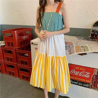 Wide Strap Gingham Paneled A-line Dress As Shown In Figure - One Size