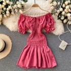 Puff-sleeve Off-shoulder Shirred Mini Mermaid Dress