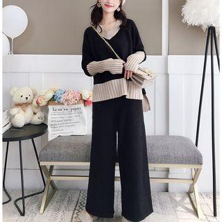 Set: Two-tone V-neck Sweater + Drawstring Wide Leg Pants