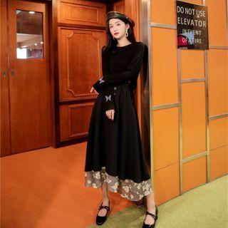 Long-sleeve Butterfly Embroidered Midi A-line Dress