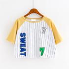 Elbow-sleeve Cropped Striped Top