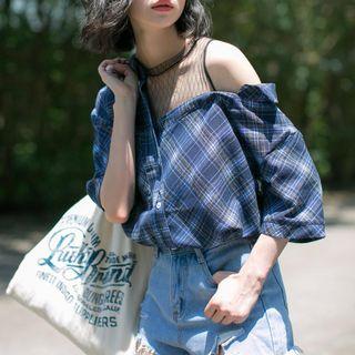 Mesh Panel Plaid Cut Out Shoulder Elbow Sleeve Shirt