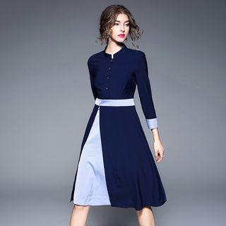 3/4-sleeve Color-block Tie-waist Crewneck A-line Panel Sheath Dress