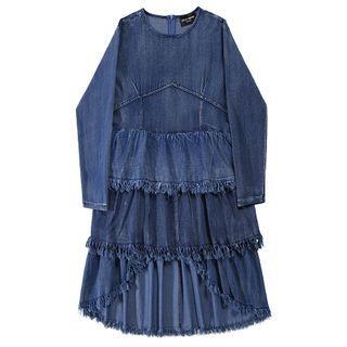 Fray Hem Long-sleeve Midi A-line Denim Dress Blue - One Size