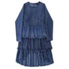 Fray Hem Long-sleeve Midi A-line Denim Dress Blue - One Size