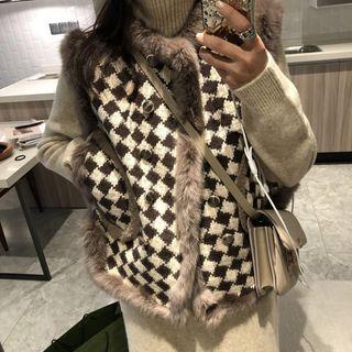 Fluffy Trim Checkerboard Double-breasted Vest