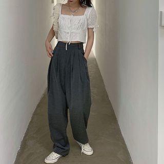 Square-neck Lace Blouse / Pleated Wide Leg Pants