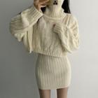 Set: Cropped Cable Knit Turtleneck Sweater + Knit Mini Fitted Skirt