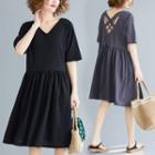 Elbow-sleeve Strappy V-neck A-line Dress