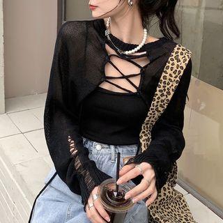 Asymmetrical Lace-up Distressed Knit Top Black - One Size