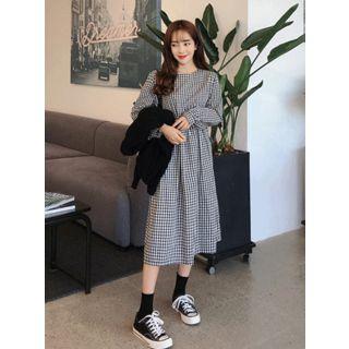 Puff-sleeve Plaid Midi Dress