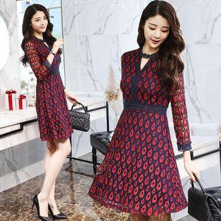 Cutout Long-sleeve Lace A-line Dress