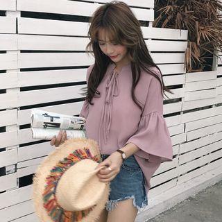 Tie Neck Elbow-sleeve Chiffon Top