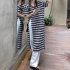 Short-sleeve Side-slit Striped T-shirt Black & Gray - One Size