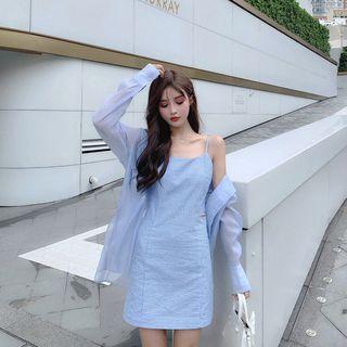 Chiffon Shirt / Checked Spaghetti Strap Mini A-line Dress