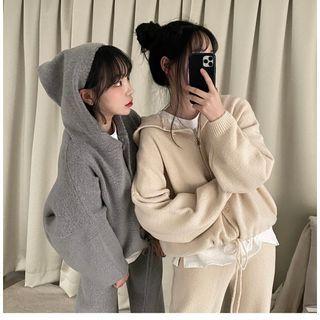 Hooded Drawstring Cardigan / Wide Leg Pants