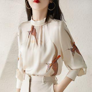 Puff-sleeve Bird Print Blouse