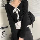 Set: Long-sleeve Lace-up T-shirt + Lace Trim Camisole Top Set - Black - One Size