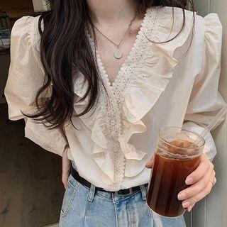 Ruffle Trim Long-sleeve V-neck Blouse