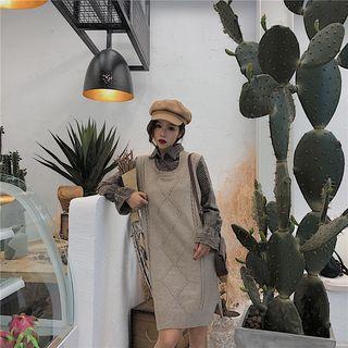 Mock Two Piece Patterned Long-sleeve Knit Dress