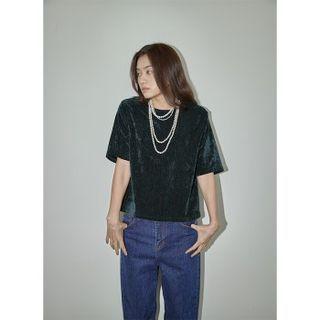 Short-sleeve Velvet T-shirt Dark Green - One Size