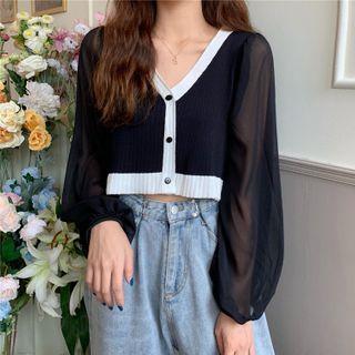V-neck Color Panel Long-sleeve Cardigan