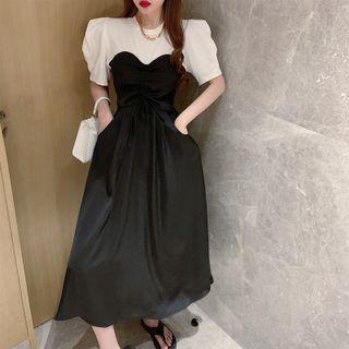Puff-sleeve Colorblock Drawstring Midi Dress