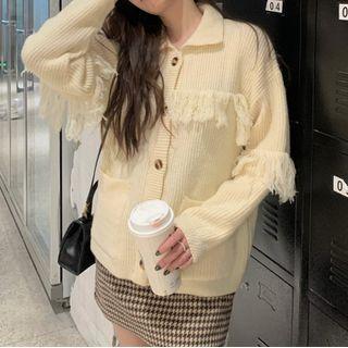 Long-sleeve Fringed Button-up Knit Top Almond - One Size