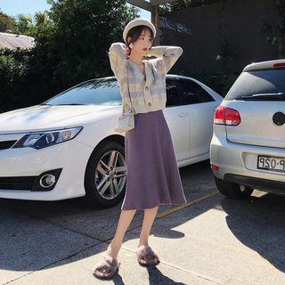 Set: Plaid Cardigan + Midi A-line Skirt