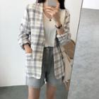 Collarless Checked Linen Jacket