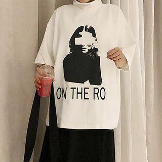 Short-sleeve Mock Neck Print T-shirt