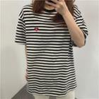 Short-sleeve Heart Embroidered Striped T-shirt Stripes - Black & White - One Size