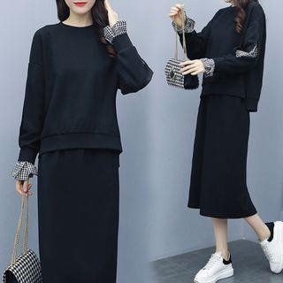 Set: Checked Trim Sweatshirt + A-line Midi Skirt