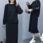 Set: Checked Trim Sweatshirt + A-line Midi Skirt