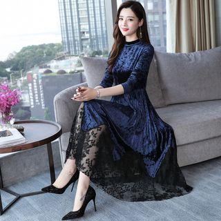 Lace Panel Long-sleeve Velvet Midi Dress