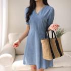 V-neck Puff-sleeve Denim Dress