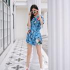 Printed Hooded Elbow-sleeve Playsuit