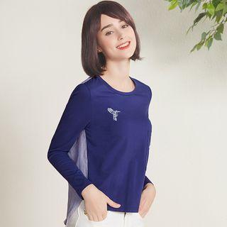 Striped Panel Bird Embroidered Long Sleeve T-shirt