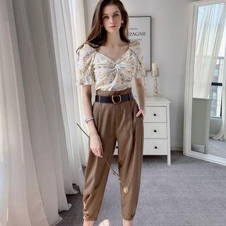 Set: Puff-sleeve Floral Top + Harem Pants