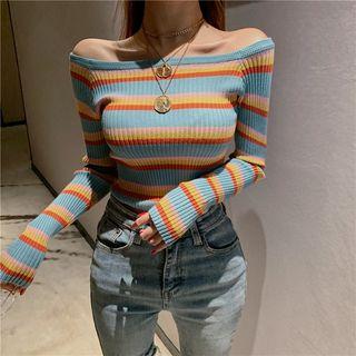 Color-block Stripe Off-shoulder Knit Top As Shown In Figure - One Size