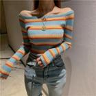 Color-block Stripe Off-shoulder Knit Top As Shown In Figure - One Size