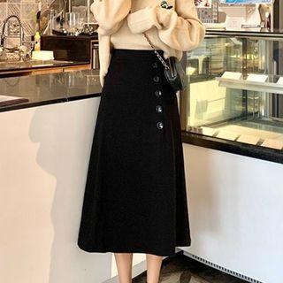 Button Detail Midi A-line Skirt Black - One Size