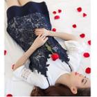 Set : Elbow-sleeve Top + Spaghetti Strap Lace Dress